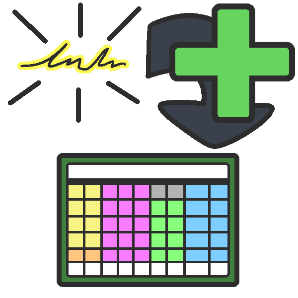 In the corner is a scribble outlined in yellow, with a green plus sign over an arrow leading from it to a simple drawing of an AAC device.